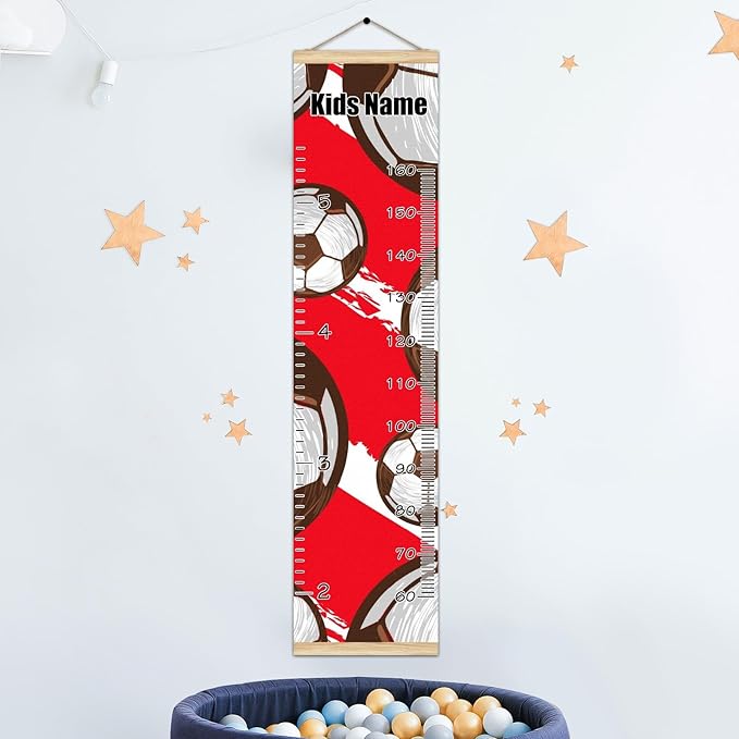 Personalized Kids Name Growth Chart Ruler for Wall Wood Frame Height Measure Chart 13.4x56 in Linen Hanging Height Growth Chart Football Soccer Red Kids Room Decor