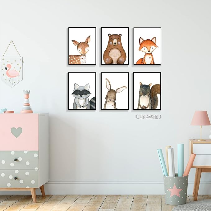 gooptyinh 6 Pieces Woodland Animals Nursery Canvas Wall Art Cute Safari Jungle Animal Deer Bear Bunny Pictures Room Posters Farmhouse Forest Theme Fox Squirrel Raccoon Prints Decor 8x10in Unframed