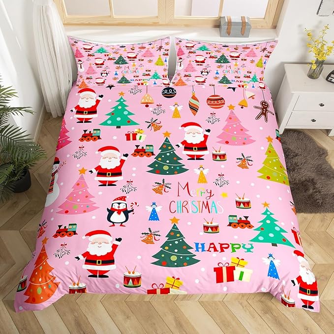 Christmas Bedding Duvet Cover Set Kids Santa Claus Xmas Theme Bedding Set Boys Girls Decor Christmas Tree Comforter Cover Set Microfiber Pink New Year Bedspread Cover Bedroom Bedclothes Full Size