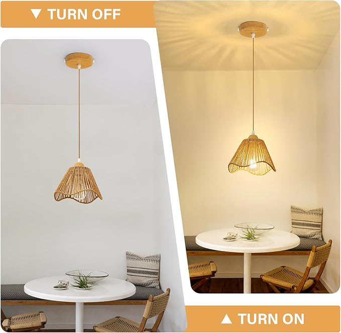 3 Pack Wave Rattan Chandelier Pendant Lights Kitchen Island,Farmhouse Boho Chandeliers Adjustable Height Hanging lamp for Dining Room,Kitchen Ceiling Light Fixtures Hand Woven Wicker Lampshade