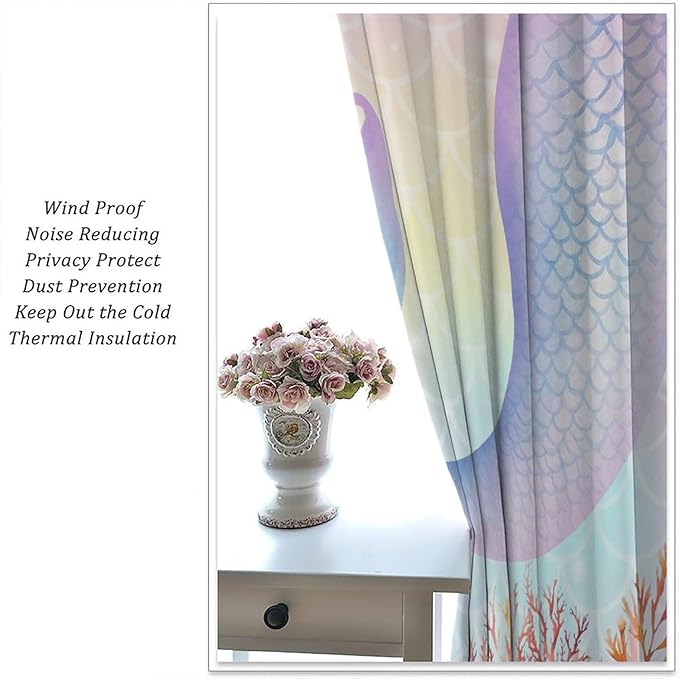 Dream Mermaid Curtains Colorful Mermaid Fish Tail Scale Fantasy Ocean Theme Beautiful Kids Window Treatment for Girls Bedroom Nursery Room Decor Rod Pocket Window Drapes 52x84in