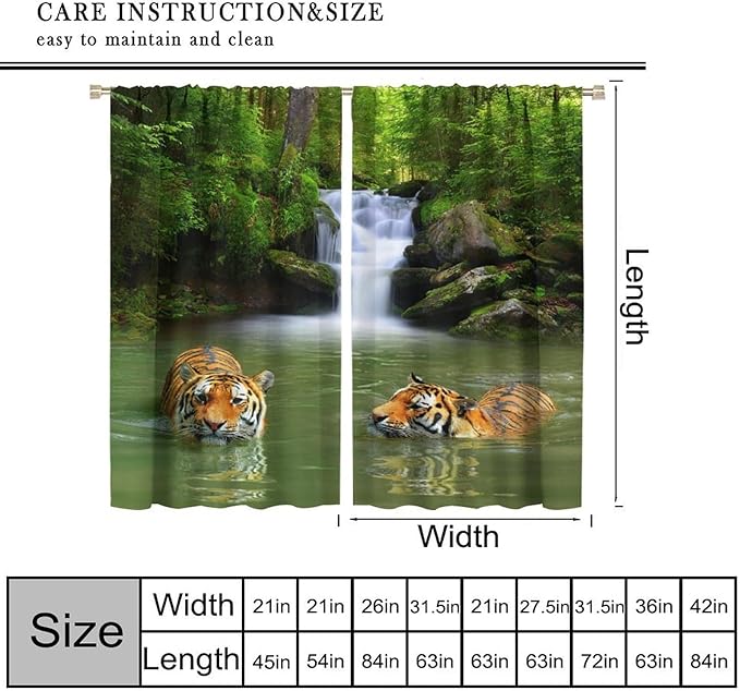 Forest Waterfall Landscape Blackout Window Curtains, Animals Tigers Waterfall Woodland Natural Window Drapes, for Living Room Bedroom 63" W X 72" L
