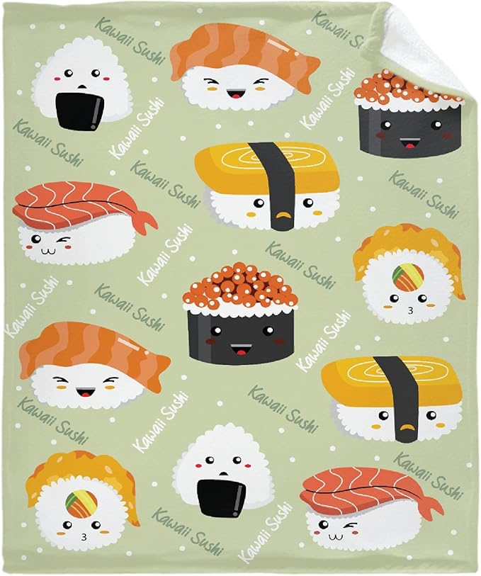 Thuswarm Cute Sushi Kawaii Flannel Throw Blanket Warm Cozy Soft Cartoon Food Print Blankets for Bed Couch Sofa Room Decoration Gifts 120”×90” Extra Large for Family