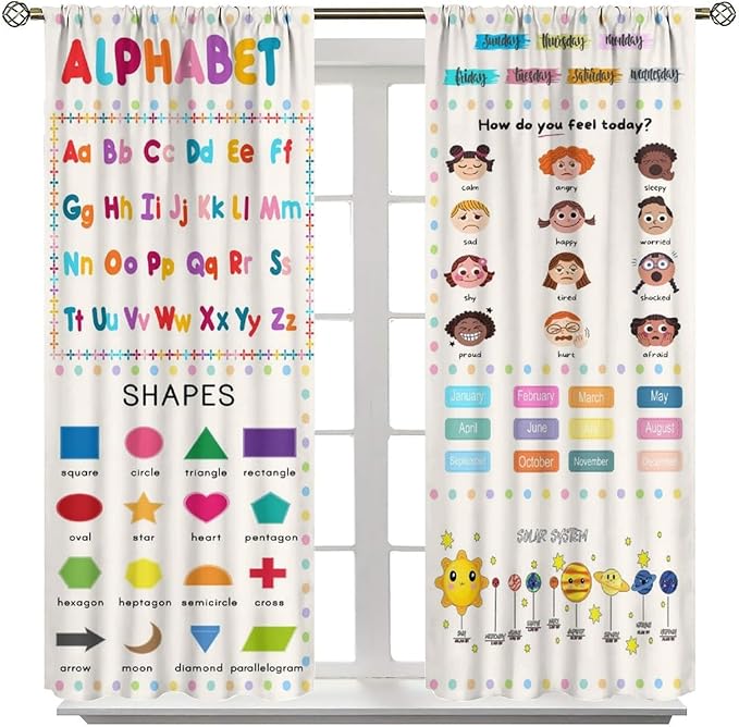Kids Educational Alphabet Cartoon Curtain Solar System Shapes Cute Knowledge Printed Rod Pocket Blackout Window Drapes for Todders Nursery Baby Bedroom Living Room 84" W X 84" L