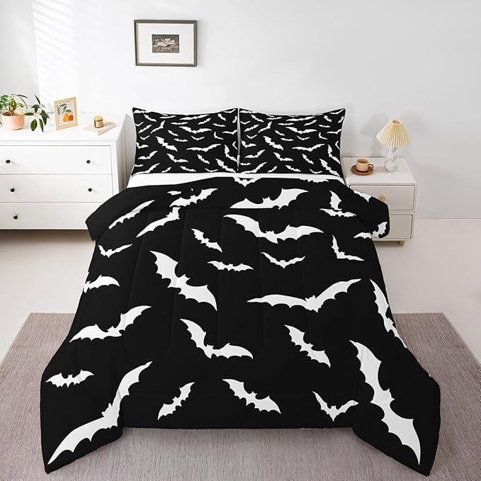Erosebridal Bat Comforter Set Twin Size for Kids Bedroom with 1 Pillow Case Happy Halloween Bedding Set Gothic Spooky Duvet Insert Cartoon Style Quilt, Black White