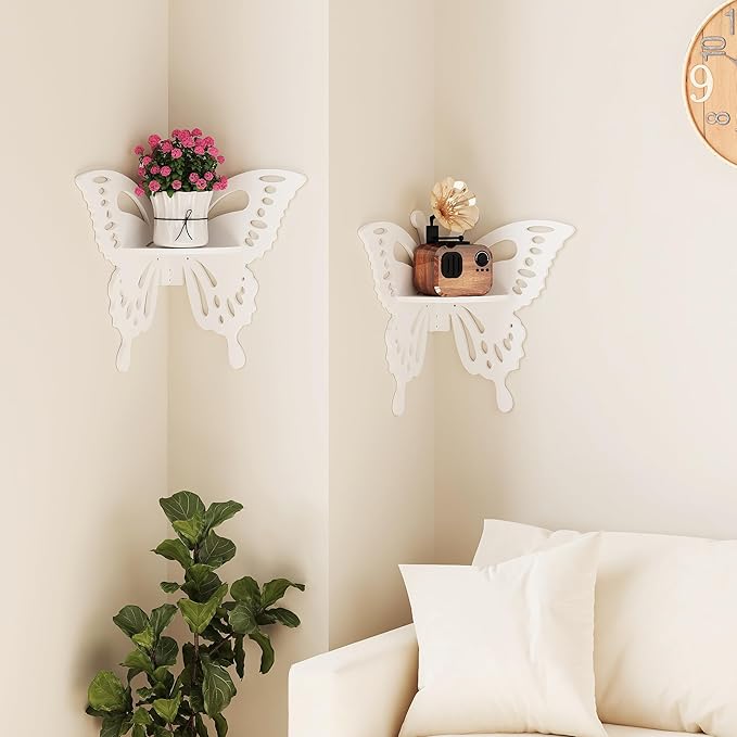 2-Tier Butterfly Corner Shelf - Nursery Wall Deor Floating Corner Shelf for Kid’s Room, Small Cute Decorative Shelf Wall Mounted, White Hanging Hollow Out Shelf for Toys, Plants and Storage