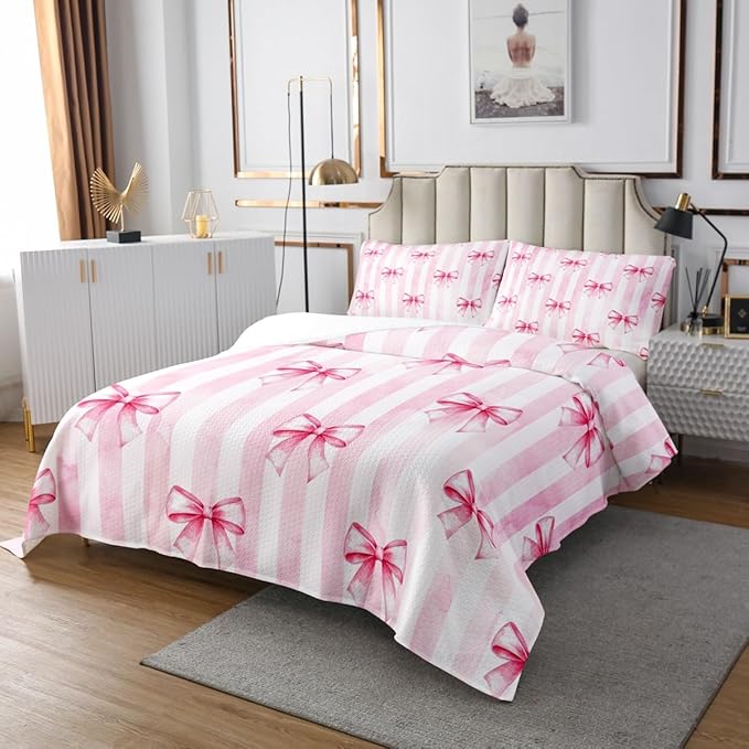 Pink Bowknot Kids Bedspread King Size,Bow Tie Geometric Stripe Coverlet Set,Girls Women Room Decor,Butterfly Knot Princess Style Fashion Quilted Coverlet,Pink Romantic Bedding Quilt,2 Pillowcases