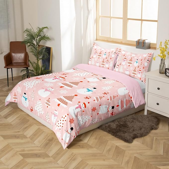 Christmas Kids Bedding Set Cartoon Snowman Bedding Duvet Cover Set for Boys Girls Christmas Tree Decor Comforter Cover Set Pink Dots Xmas Theme Bedspread Cover Bedroom Quilt Cover 3Pcs Queen Size