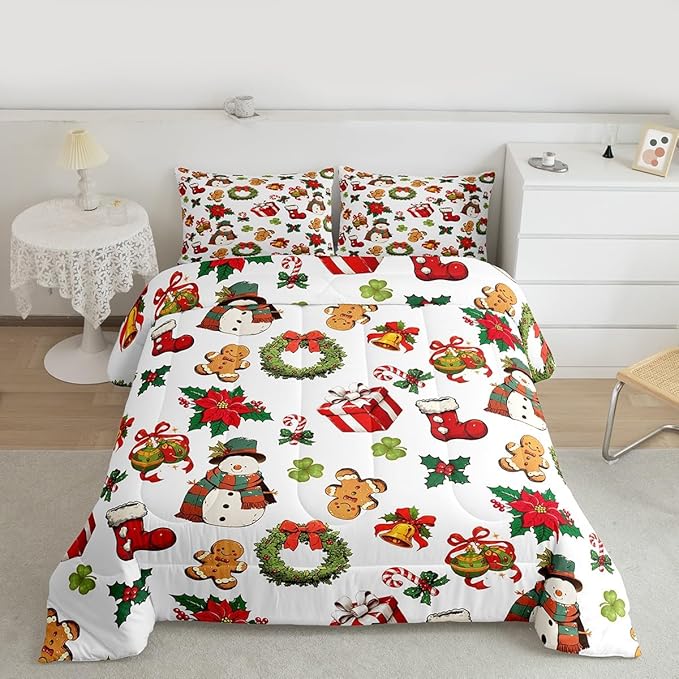 jejeloiu Merry Christmas Comforter Set Toddler Size Cute Snowman Bedding Set for Kids Boys Girls Gingerbread Man Duvet Quilt White Bedroom Decor