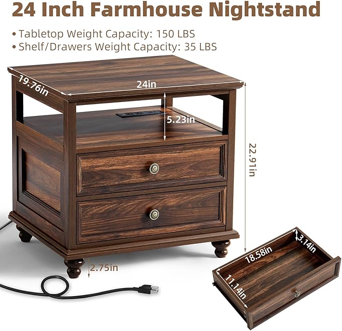 Farmhouse Dresser and Nightstand Sets, Wood 54" Wide Dresser & 24" Night Stand with Charging Station, 2 Piece Bedroom Furniture Set, Chest of Drawers for Bedroom, Home, Living Room, Hallway
