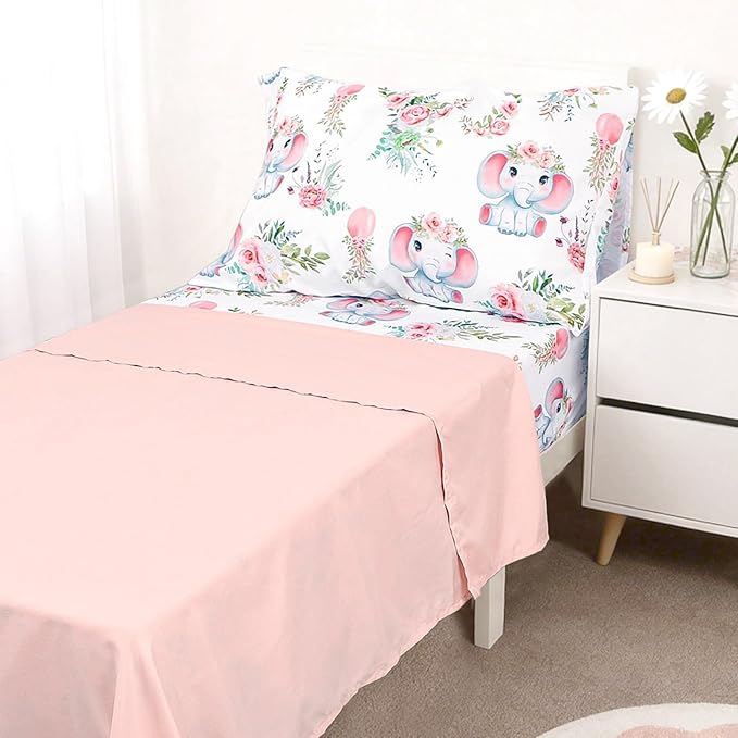 Toddler Bedding Set for Girls, Kids Comforter Set Pink Reversible, Ultra Soft & Lightweight Crid Bedding Set Includes Comforter, Flat Sheet, Fitted Sheet, Pillowcase (Elephant)
