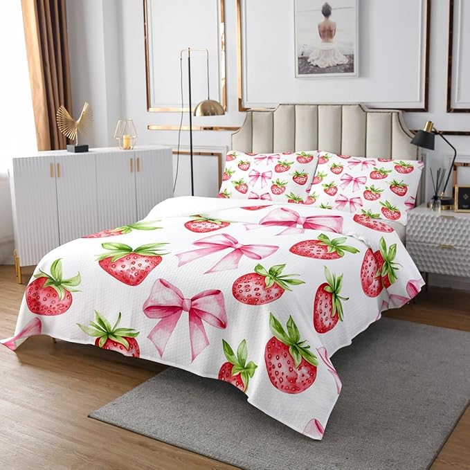 Pink Bowknot Kids Bedspread King Size,Strawberry Summer Fruit Cartoon Cute Coverlet Set,Girls Women Room Decor,Bow Tie Butterfly Knot Princess Quilted Coverlet,Unique Bedding Quilt,2 Pillowcases