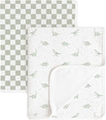 Konssy Knit Baby Blanket 2 Pack, Soft Ribbed Swaddle Receiving Blankets for Boys & Girls, Lightweight Cozy Warm Crib Blanket for Newborns, Infants, & Toddlers, 33x42 Inch (Baby Green Plaid,Green Dino)