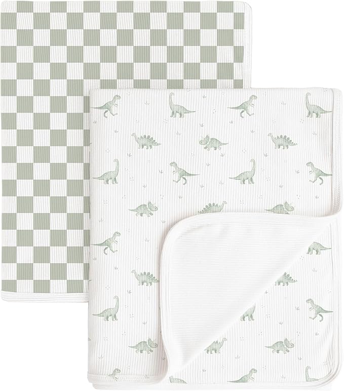 Konssy Knit Baby Blanket 2 Pack, Soft Ribbed Swaddle Receiving Blankets for Boys & Girls, Lightweight Cozy Warm Crib Blanket for Newborns, Infants, & Toddlers, 33x42 Inch (Baby Green Plaid,Green Dino)