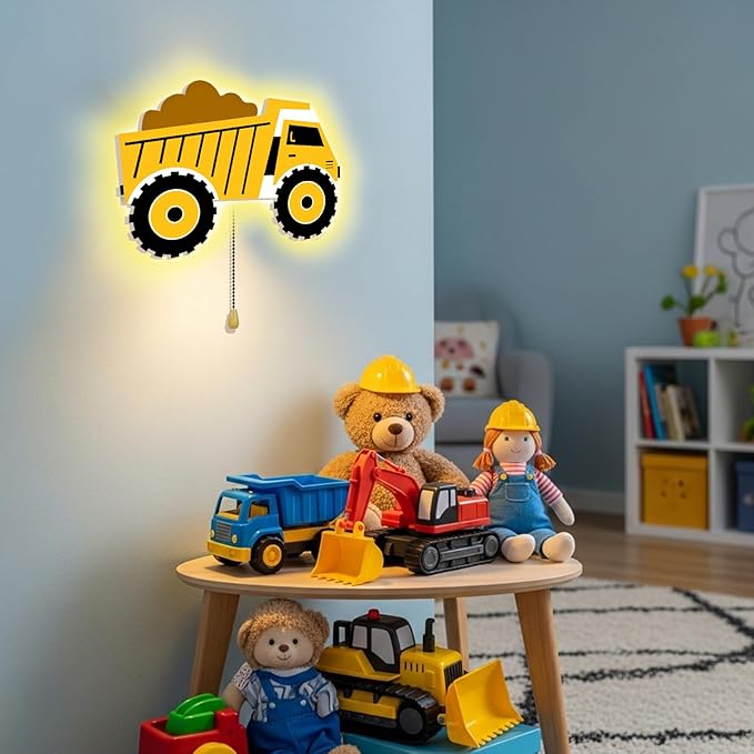 Construction Themed Night Light Wall Lamp Sleeping Nursery Lighting Cute Floating Battery Operated Hanging Lamp for Baby Boys Girls Bedroom Room Nursery Wall Decorations