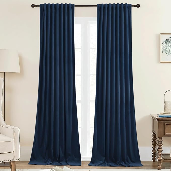 StangH Blue Velvet Curtains 96 inches Long Navy Blue Blackout Bedroom Window Drapes Back Tab Temperature Control Privacy Panels for Doorway/Living Room, W42 x L96, 2 Panels