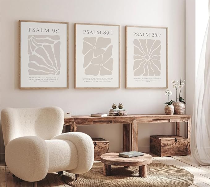 Joocrise Scripture Christian Wall Art Set of 3 Beige Bible Verses Wall Decor Neutral Psalm Canvas Wall Art Modern Pictures Flower Prints Christian Artwork for Living Room Bedroom 12x16 Inch Unframed