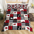 Manfei Christmas Duvet Cover Set Full Size Cute Bear Tree Print Comforter Cover Geometric Checkered Bedding Set 3pcs for Kids Boys Girls Cartoon Animal Bedspread Cover with 2 Pillowcases,No Comforter
