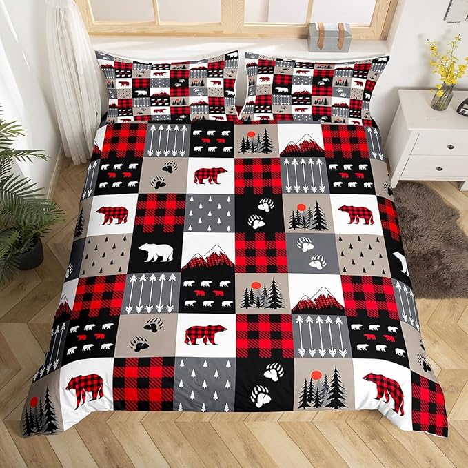 Manfei Christmas Duvet Cover Set Full Size Cute Bear Tree Print Comforter Cover Geometric Checkered Bedding Set 3pcs for Kids Boys Girls Cartoon Animal Bedspread Cover with 2 Pillowcases,No Comforter