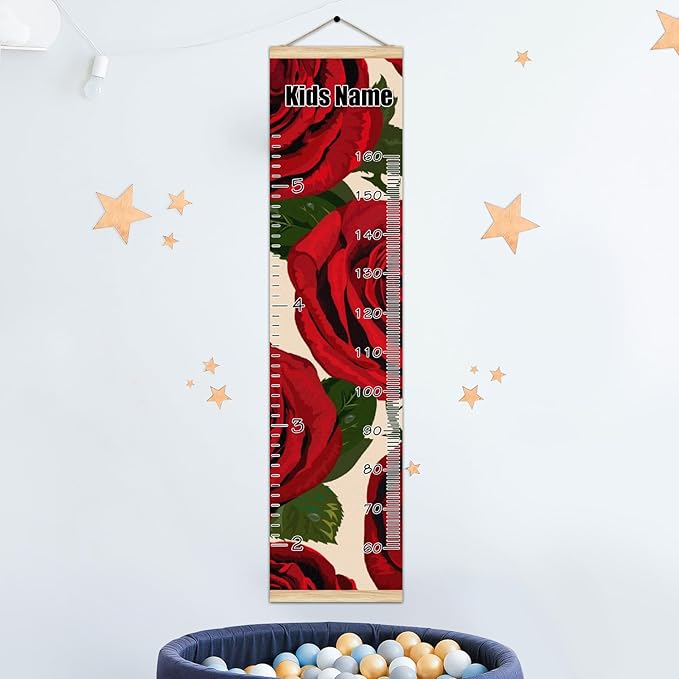 Personalized Kids Name Growth Chart Ruler for Wall Wood Frame Height Measure Chart 13.4x56 in Linen Hanging Height Growth Chart Vintage Red Rose Kids Room Decor