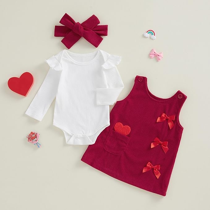 FIOMVA My First Valentines Day Outfit Clothes Baby Girl Romper Love Onesie Heart Embroidery Overalls Suspender Dress Set