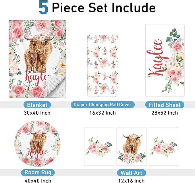 Personalized Baby Crib Bedding Set, Custom Name Blanket with Dotted Backing, 5 Piece Custom Gift Highland Cow Crib Bed Set for Baby Infant Shower Birthday, Floral Crib Bedding Gifts Style11