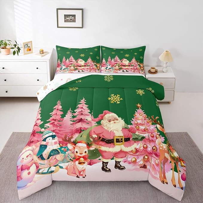 jejeloiu Merry Christmas Comforter Set Toddler Size Santa Claus Bedding Set for Kids Boys Girls Cute Deer Duvet Quilt Green Bedroom Decor