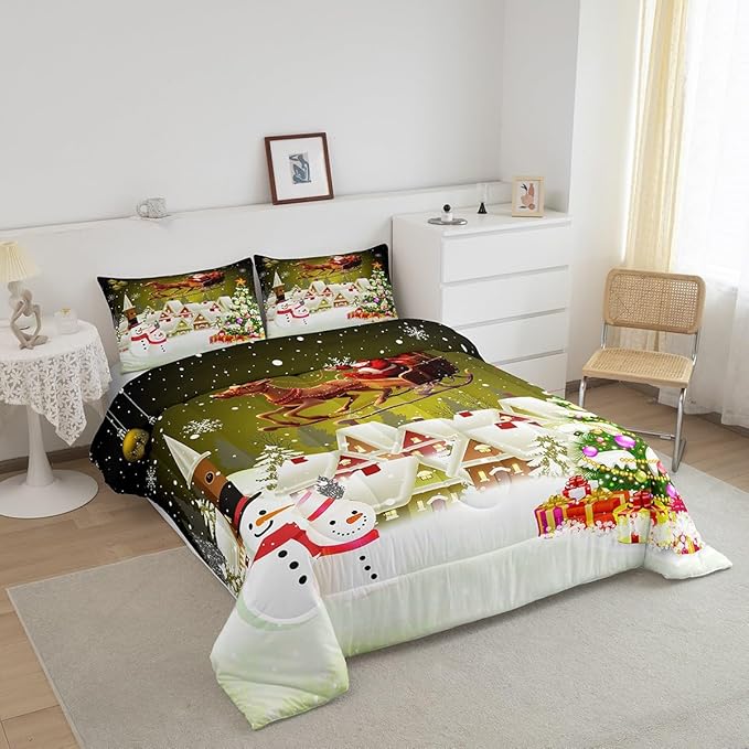 Manfei Christmas Comforter Set Twin Size, Xmas Tree Snowman Quilt Set with 1 Pillowcase, Santa Claus with Deer Bedding Set 2pcs for Kids Boys Girls Room Decor New Year Theme Duvet Insert
