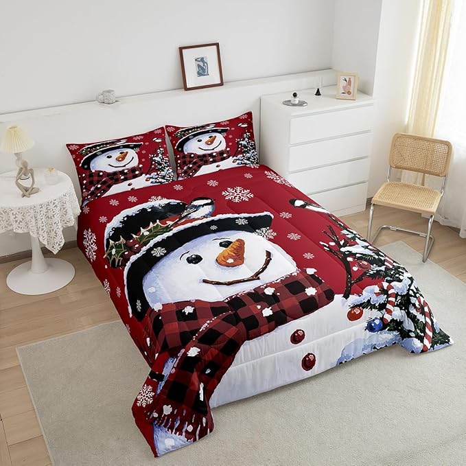 Feelyou Kids Christmas Theme Decorations Bedding Set Xmas Snowman Comforter Set for Boys Girls Red Bedroom Collection Queen Size