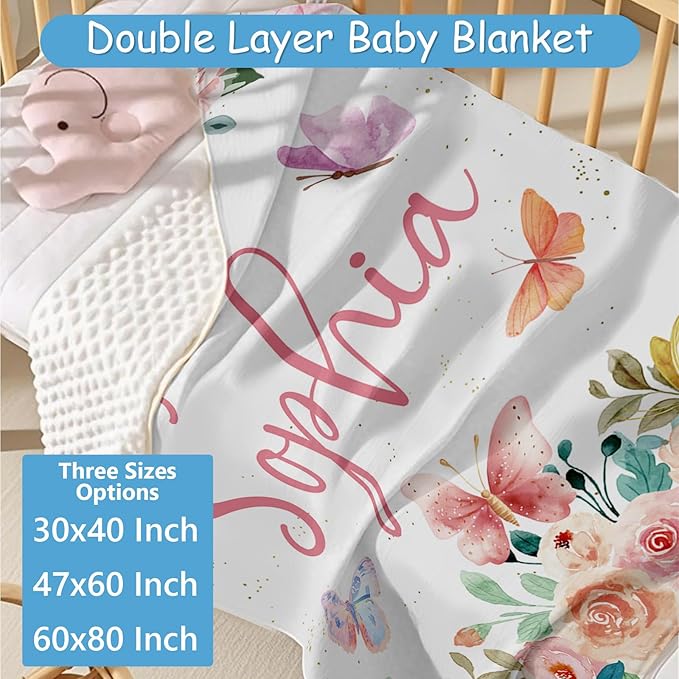 Personalized Baby Crib Bedding Set for Girls, 5 Pcs Pink Butterfly Crib Set for Baby, Custom Name Double Layer Nursery Bedding Sets for Infant Toddlers, Customized Gifts for Newborns