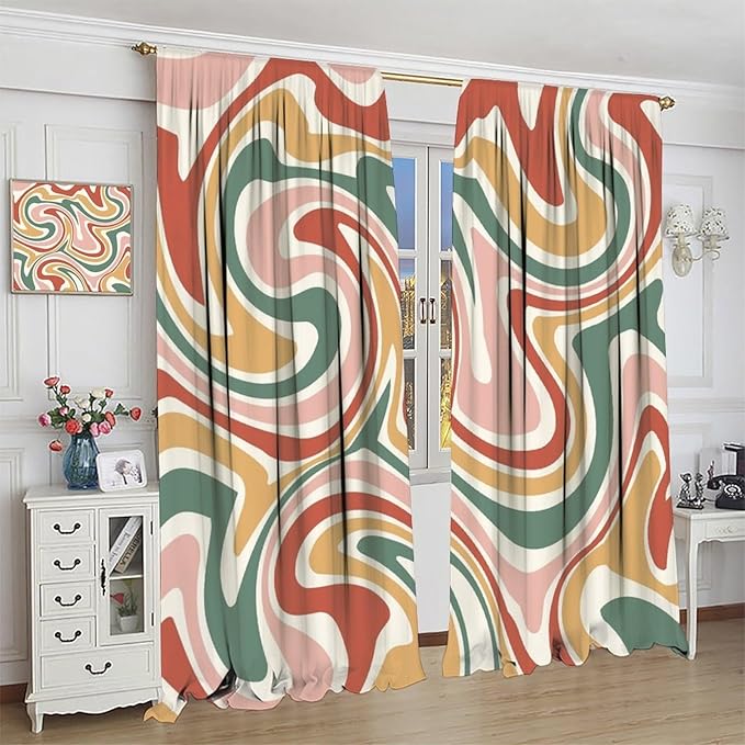 70S Abstract Wavy Swirl Curtain for Bedroom Windows,Retro Boho Minimal Teen Girls Kids Living Room Restroom Window Treatments Drapes 42"" W X 45"" L, Style-4