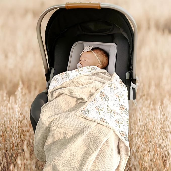 lulumoon Muslin Baby Blanket for Girls: Lightweight Cotton Blanket for Newborn - Soft Nursery Blanket for Stroller 47x47 Inches (Ivory Flower)
