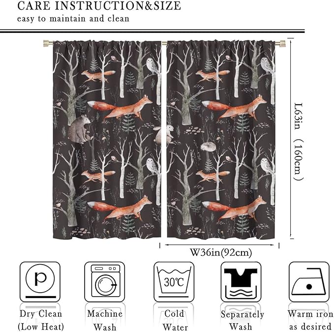 Rustic Forest Curtain, Woodland Country Hunting Animal Deer Fox Wildlife Bear Farmhouse Lodge Cabin Blackout Rod Pocket Windows Door Curtain for Bedroom Living Room Home Decor 72x63in