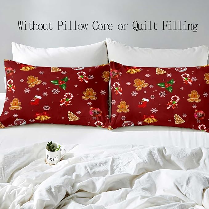 LUVIVIHOME 3PCS Christmas Duvet Cover Full Bedding Set, Red Duvet Cover, Boys Girls Kids Bedding, Cute Gingerbread Snowflake Holiday New Year Xmas Gifts Christmas Comforter Quilt Cover, 2 Pillow Cases