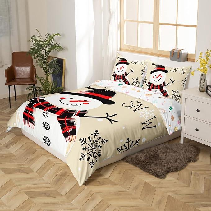 Manfei Kids Snowman Duvet Cover Set Full Size, Black Snowflake Xmas Comforter Cover with 2 Pillowcases, Christmas Theme Bedding Set 3pcs for Boys Girls Adults New Year Bedspread Cover,No Comforter