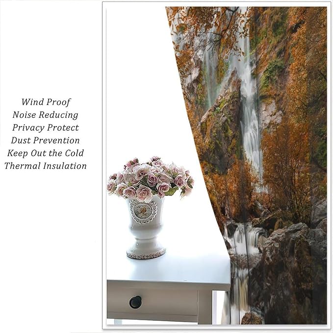 Forest Waterfall Blackout Curtains, Autumn Jungle Mountains Fall Nature Landscape Window Drapes, for Bedroom Living Room 63" W X 72" L