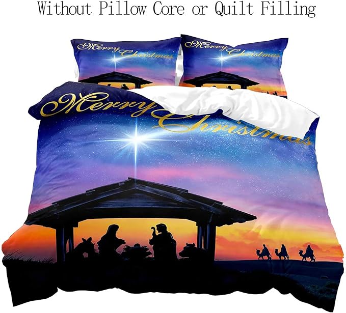 LUVIVIHOME 3PCS Christmas Duvet Cover Full Bedding Set, Purple Blue Galaxy Sunset Manger Nativity Scene O Holy Night Winter Holiday Xmas Christmas Comforter Quilt Cover, Bed in a Bag, 2 Pillow Shams