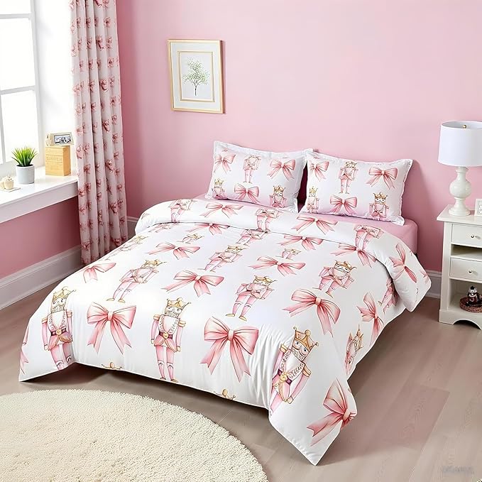 7 Pieces Cartoon Nutcracker Kids Comforter Set Queen,Pink Bowknot Romantic Princess Bedding Set,Ballet Merry Christmas Bow Tie Dreamy（Comforter+Fitted+Flat Sheet+2 Pillowcases+2 Throw Pillow Covers）