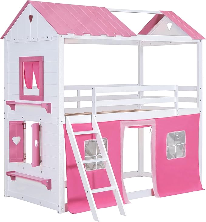Full Size House Bunk Bed with Elegant Windows and Sills, Solid Wood Tent Bed Frame with Guardrails for Kids Teens Boys Girls, Versatile Spacious Under Bed Space with Curtains (White+Pink C)