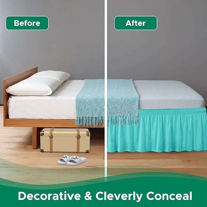 Biscaynebay Wrap Around Bed Skirts for King & Cal King Beds with Short Drop of 12", Aqua Adjustable Elastic Dust Ruffles Easy Fit Wrinkle Resistant Silky Luxurious Fabric Machine Washable
