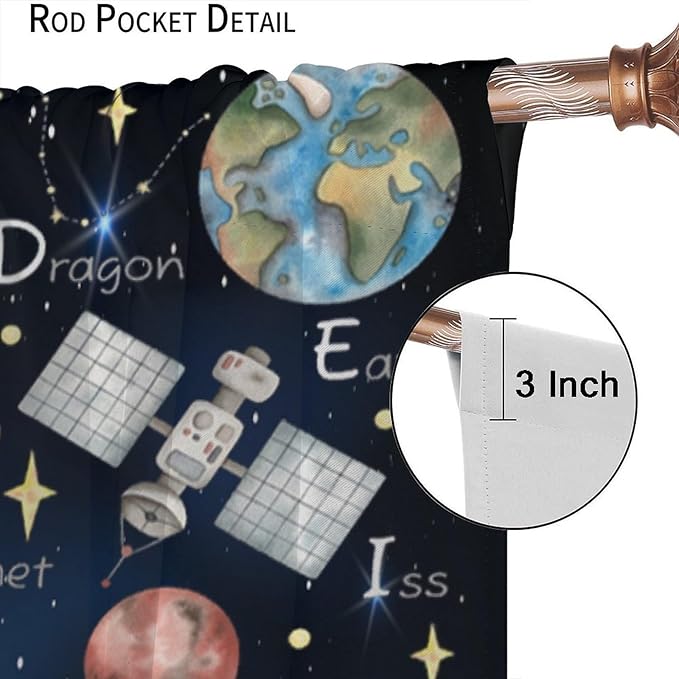 Cartoon Kids Alphabet Astronaut Curtain，Retro Cute Cosmic Galaxy Letter Printed Rod Pocket Blackout Window Treatments for Boys Girls Bedroom Living Room School 42" W X 54" L