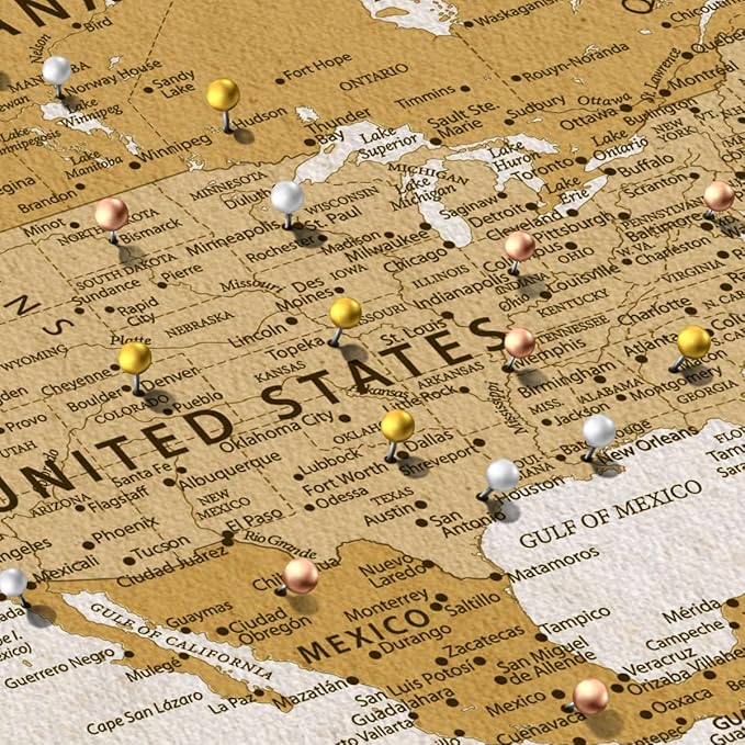 ElephantStock - Personalized Travel Push Pin World Map Wall Art - Horizontal Canvas Wall Art - Living Room Wall Decor - Digital Art Map Canvas Art - Orange And Beige Decor - 24" x 16"
