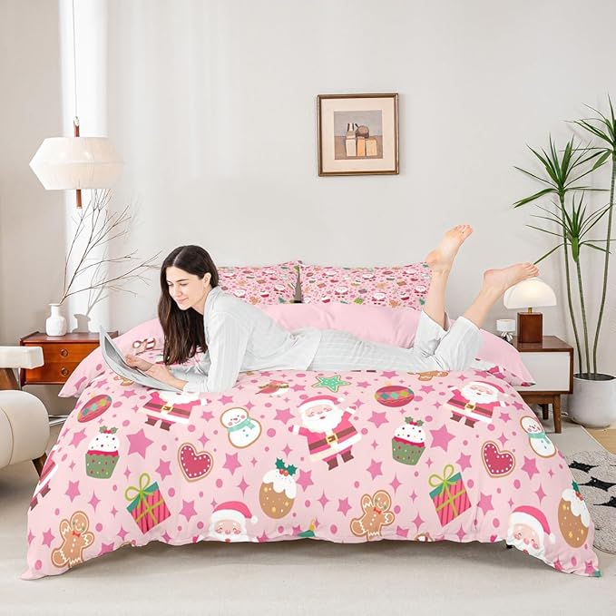 Feelyou Pink Christmas Duvet Cover King Size Cartoon Santa Claus Gingerbread Man Bedding Set for Boys Girls Snowman Xmas Decor Comforter Cover Reversible Pink Bedroom Decor 3Pcs