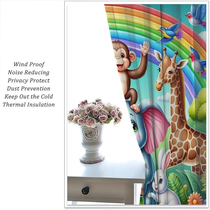 Animals Window Curtain Rod Pocket Kids Boys Girls Forest Giraffe Elephant Monkey Flowers Window Treatment for Baby Children Bedroom Living Room 72" W X 63" L
