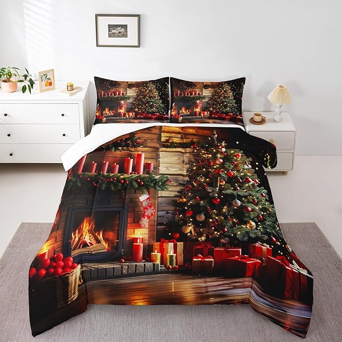 Merry Christmas Comforter Set Queen Size, 3D Fireplace Tree Bedding Set for Kids Boys Girls Room Decor, Xmas Theme Duvet Insert 3Pcs, Retro Wooden Stripes Quilt Set, 2 Pillowcases