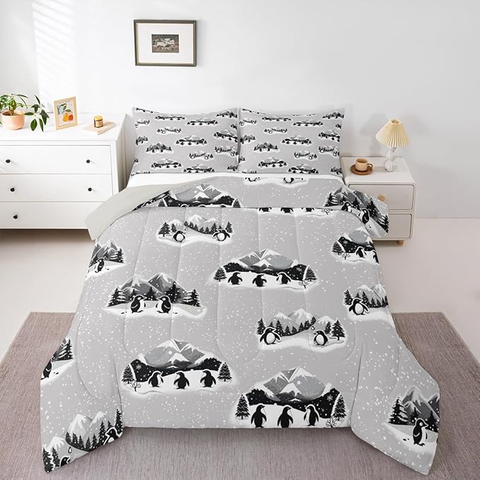 Feelyou Christmas Kids Comforter Set King Size Polar Penguin Bedding Set Snowflake Duvet Quilt for Kids Boys Girls Bedroom Winter Decor Microfiber Ultra Soft Breathable