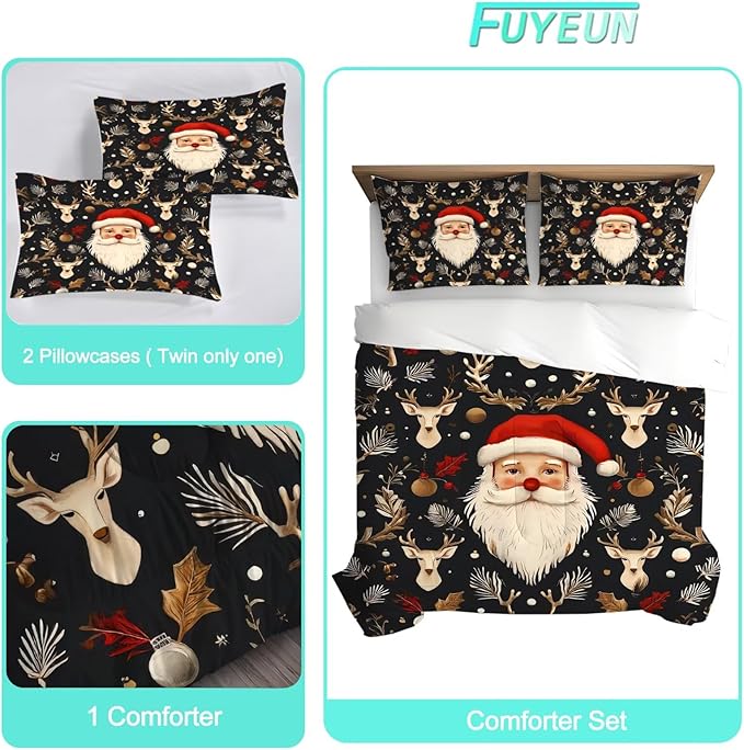 Black Christmas Comforter Set King Size Santa Claus Bedding for Girls Teen Women Xmas Reindeer Holiday Bedroom Quilt Bed Sets, 1 Comforter 2 Pillowcases