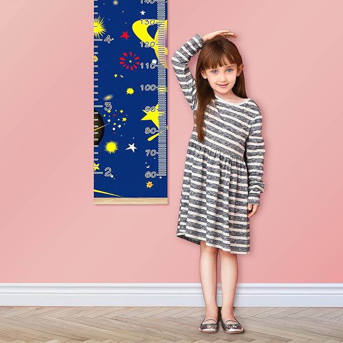 Personalized Kids Name Growth Chart Ruler for Wall Wood Frame Height Measure Chart 13.4x56 in Linen Hanging Height Growth Chart Cartoon Planets Star Solar Kids Room Decor