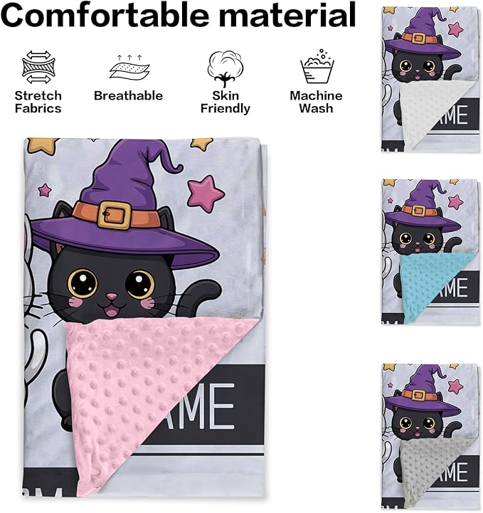 Personalized Halloween Blanket for Baby Girls, Custom Baby Blanket with Name, Cute Cat Pattern Soft Minky Dot Blanket, Halloween Decor Christmas Birthday Gifts for Kids Toddlers