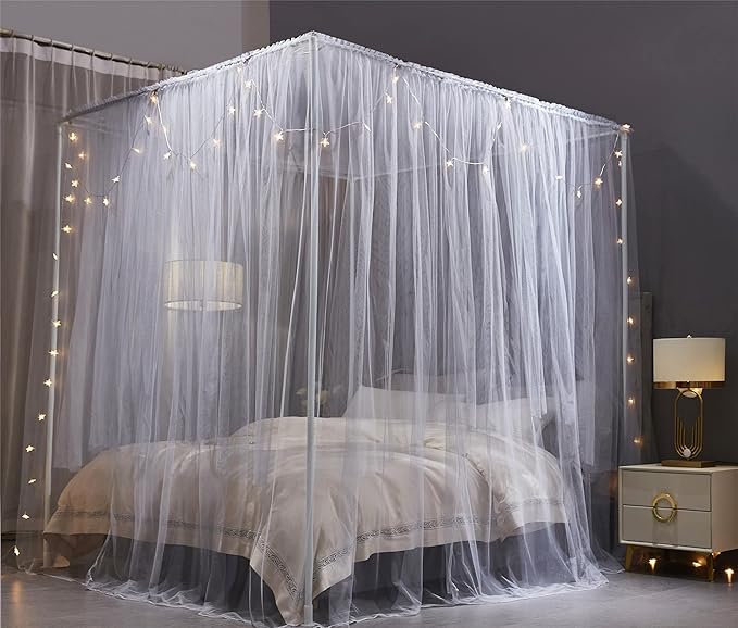 VETHIN 4 Corners Post Princess Bed Canopy Curtain Double Layer Cozy Drape Netting 4 Opening Mosquito Net for Girls & Adults Bedroom Decoration Accessories (Double Gray, 59" W*82" L*82"*H/(Queen))
